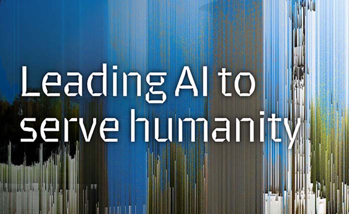 the words "leading AI to serve humanity" in white type over an AI-produced photo with blue and green