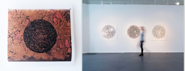 images of Mary Johnson's paintings, from left: a brick red textured surface with a dark sphere, three textured spheres in a gallery with a visitor walking past