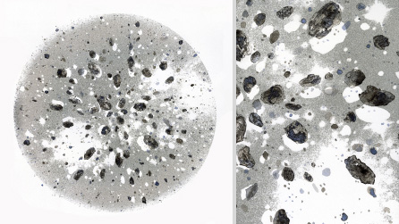 images of Mary Johnson's paintings, from left: a grayscale sphere covered in soil grains with intricate lines and textures, a closeup of the textured grains