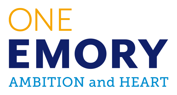 One Emory: Ambition and Heart logo inn blue and yellow