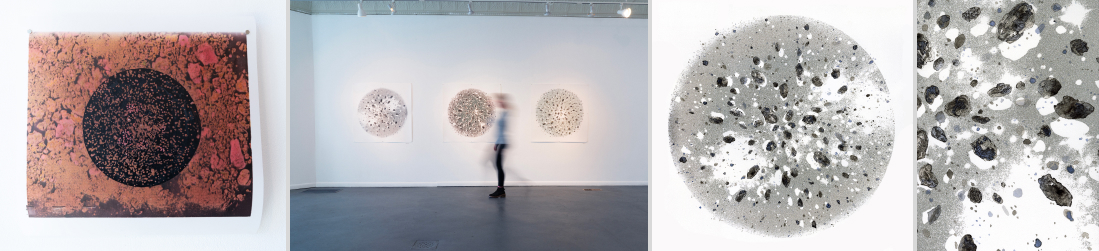 four images of Mary Johnson's paintings, from left: a brick red textured surface with a dark sphere, three textured spheres in a gallery with a visitor walking past, a grayscale sphere covered in soil grains with intricate lines and textures, a closeup of the textured grains
